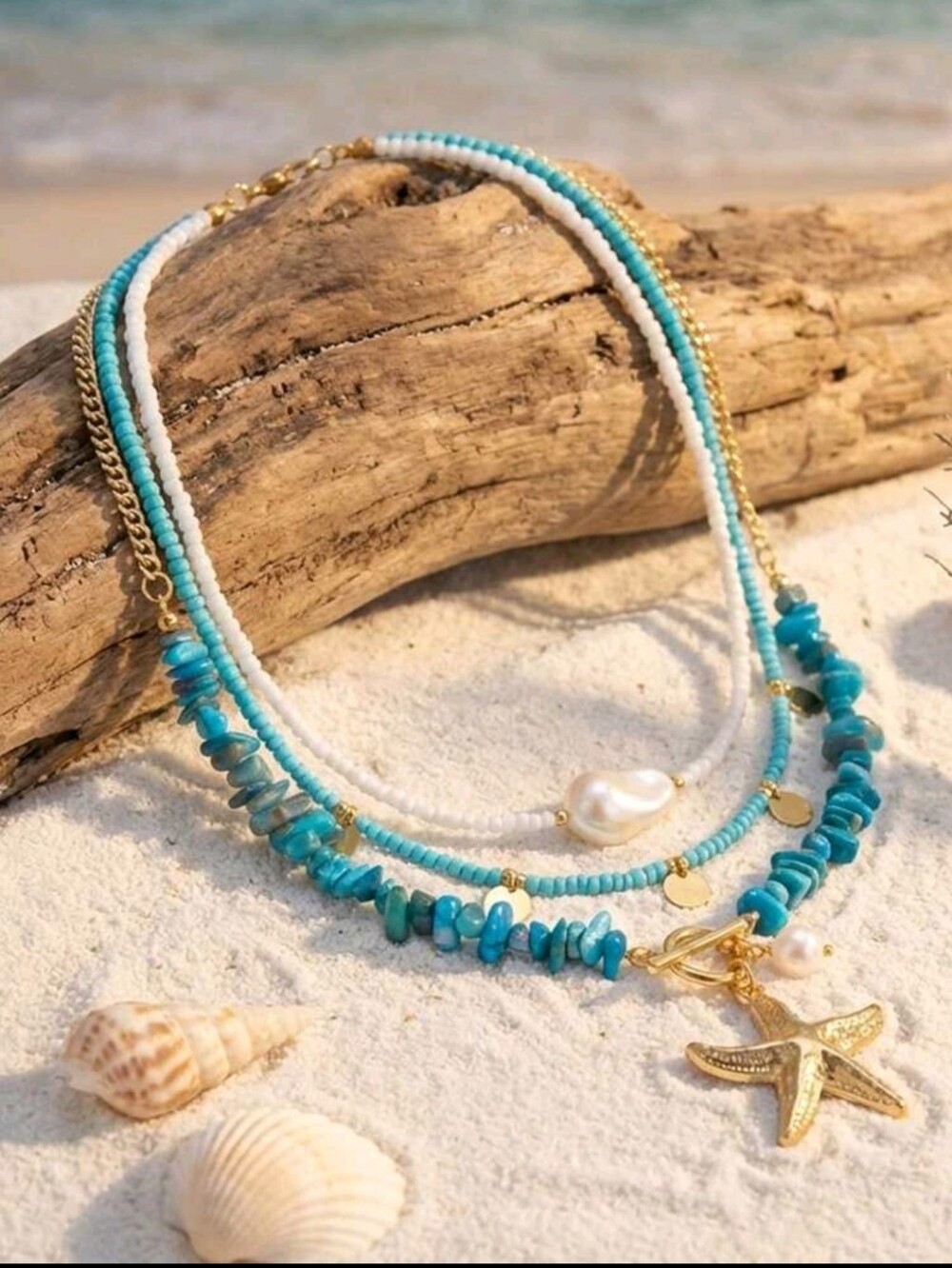 Turquoise & White Layered Beaded Necklace with Gold Starfish Charm